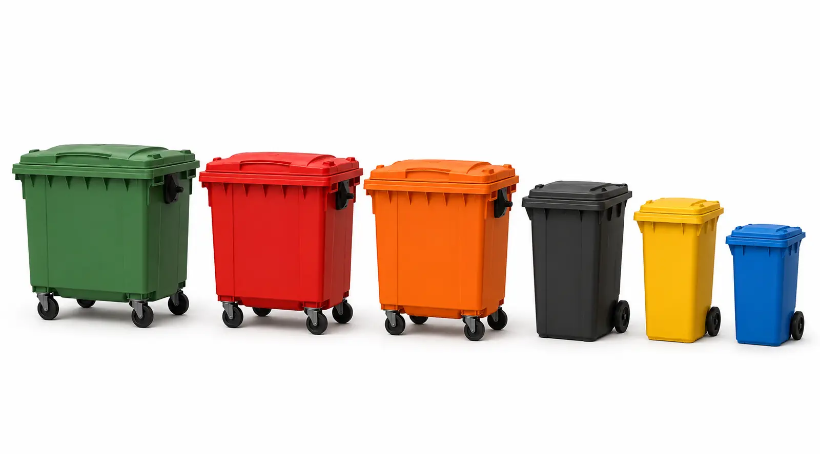 Range of wheelie bins in multiple colours and sizes